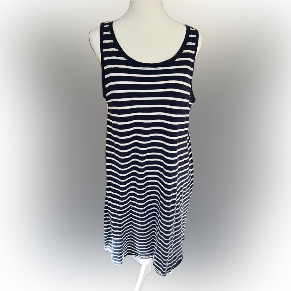Navy and White Striped Sleeveless Organic Cotton Knit Dress Unlined